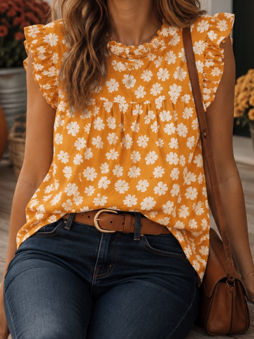 J. Crew Yellow Floral RuffleSleeve Top / Daisy Print sz 6